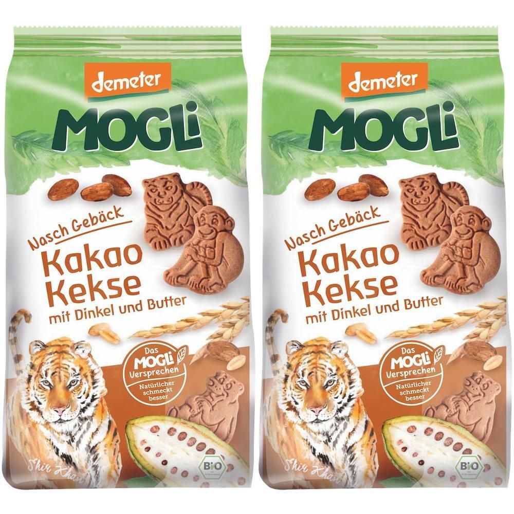 Zwei Beutel MOGLi Bio Kakao Butterkekse. Aufdruck: Kakao Kekse mit Dinkel und Butter. Demeter-Siegel. Abbildung von Keksen und Tiger.