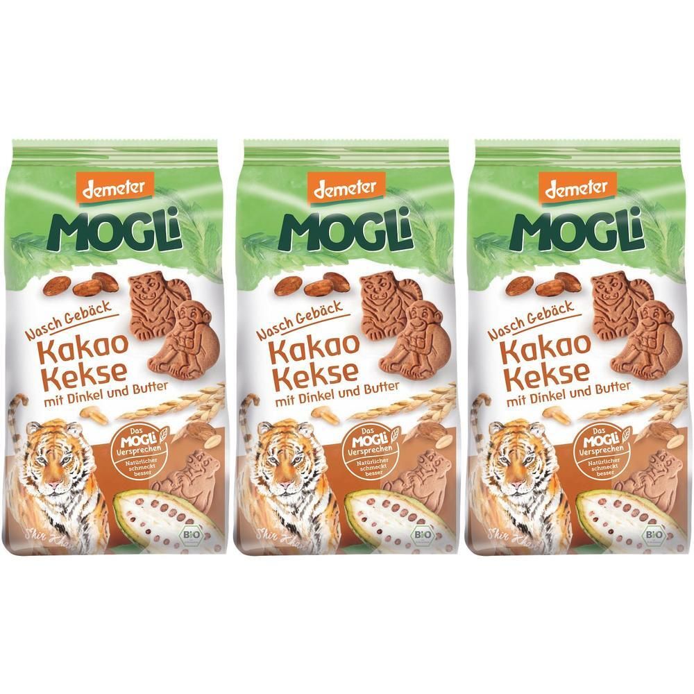 Drei Beutel MOGLi Bio Kakao Butterkekse. Verpackung mit Tiger, Keksen und Schriftzug. Demeter-Siegel.