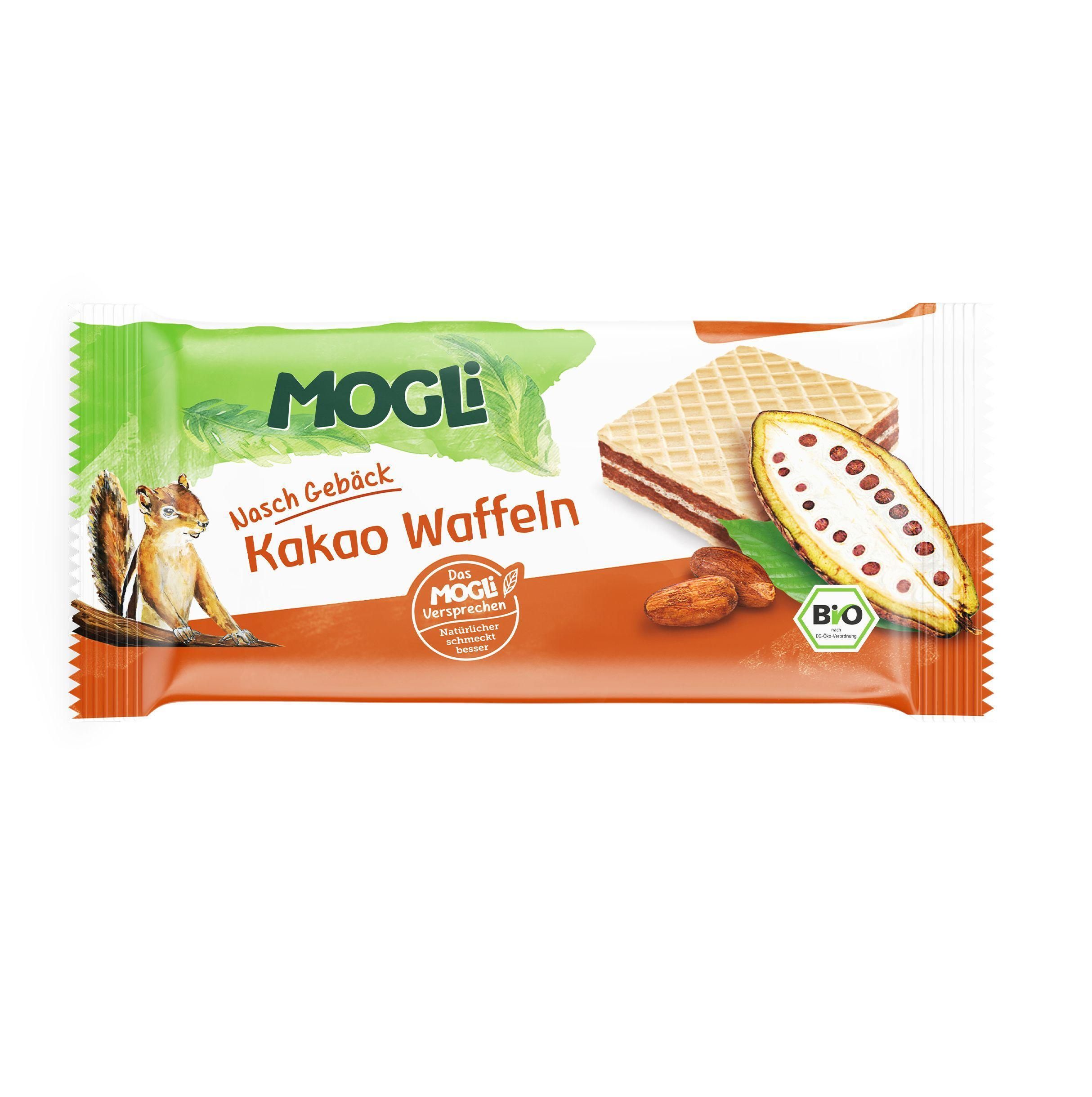 Verpackung mit Waffeln. Aufschrift: MOGLi Bio Kakao Waffeln. Abbildung von Waffel, Kakaobohne und Eichhörnchen. Bio-Siegel.