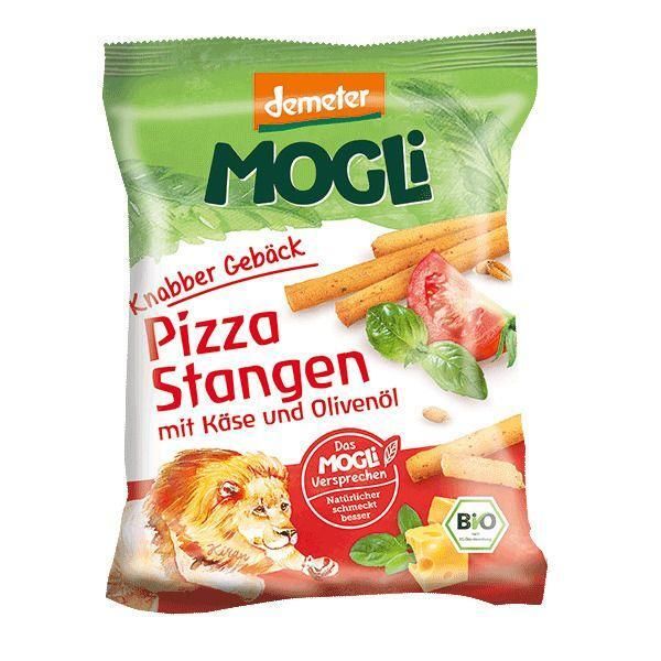 Verpackung von MOGLi Pizza Stangen. Grün-weißes Design mit Produktabbildung. Enthält Text: Pizza Stangen mit Käse und Olivenöl. Demeter-Siegel.