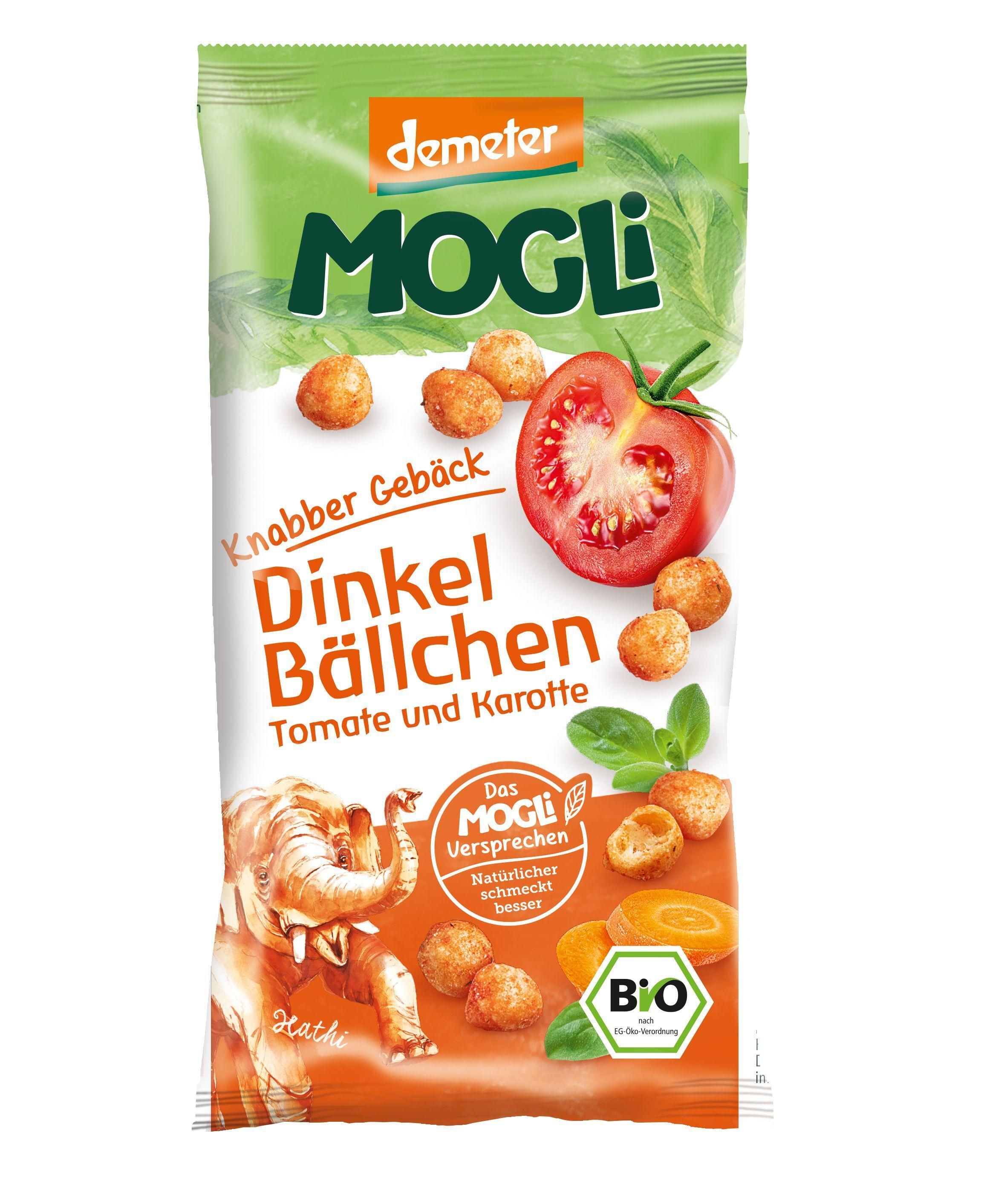 Verpackung mit MOGLi Dinkel Bällchen Tomate und Karotte. Logo, Produktname, Tomate, Karotte und Bio-Siegel.