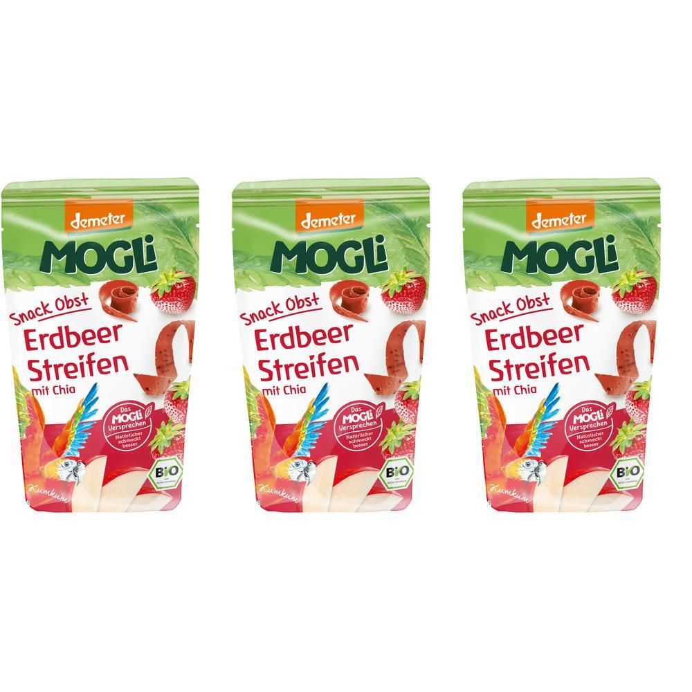 Drei Beutel MOGLi Erdbeer Streifen. Aufschrift: Snack Obst, Erdbeer Streifen mit Chia. Demeter-Siegel und Bio-Siegel.