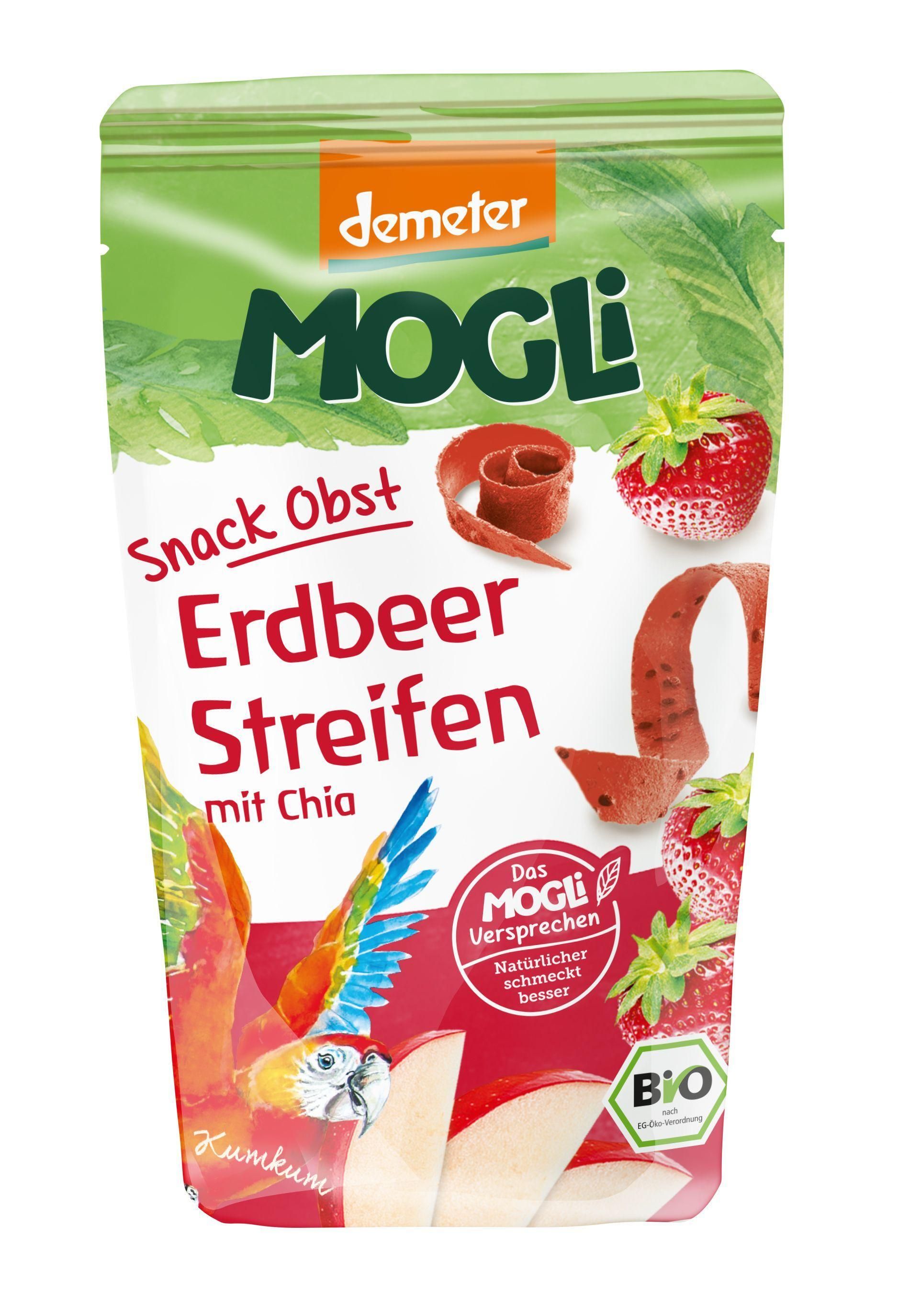 Verpackung mit Erdbeer Streifen. Aufschrift: MOGLi, Snack Obst, Erdbeer Streifen mit Chia. Bio-Siegel. Demeter-Logo.