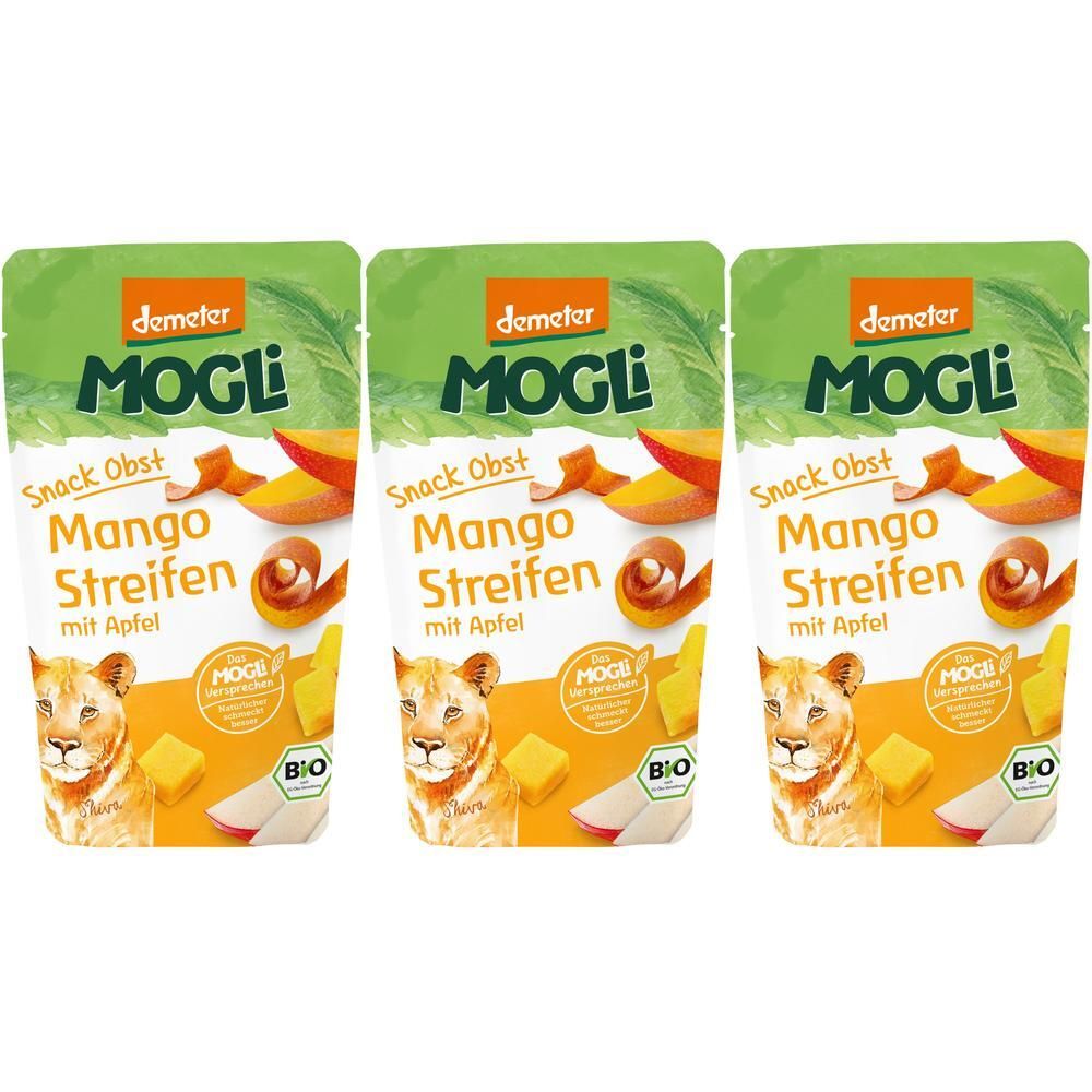 Drei Beutel MOGLi Bio Mango Streifen. Aufschrift: Snack Obst, Mango Streifen mit Apfel. Demeter-Logo und Bio-Siegel.