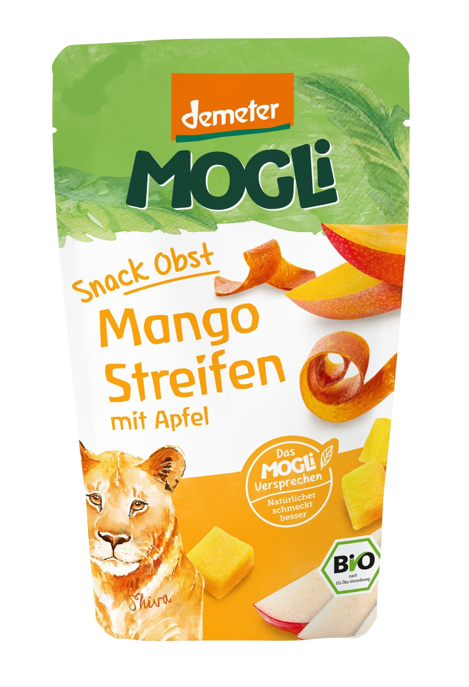 Verpackung mit MOGLi Bio Mango Streifen. Enthält Mango- und Apfelstücke. Demeter-Logo und Bio-Siegel sind sichtbar.