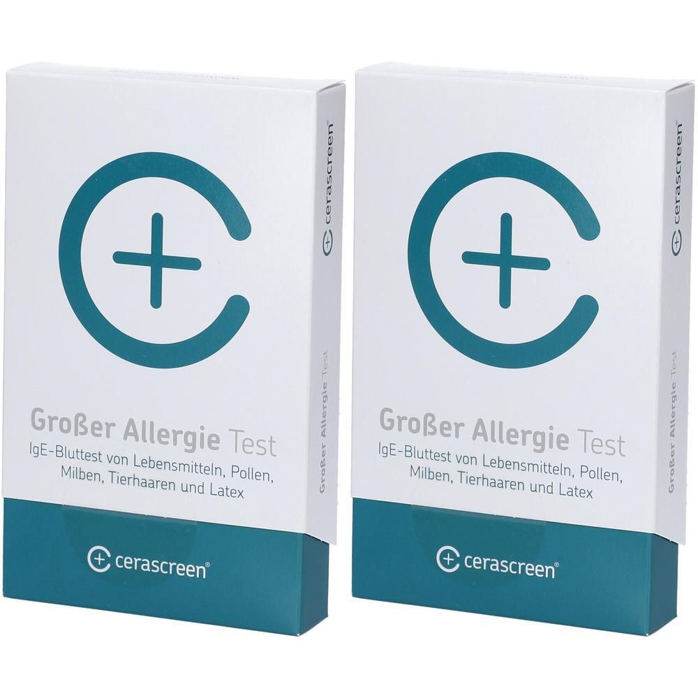 Zwei rechteckige Verpackungen. Auf weißem Grund ein blaues Plus-Symbol in einem Kreis. Text: Großer Allergie Test. Marke: cerascreen.