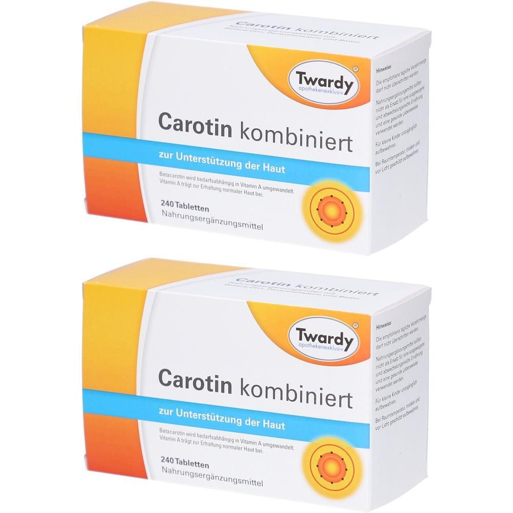Zwei Schachteln Twardy Carotin kombiniert. Weiße Verpackung mit gelben und blauen Akzenten. Text: Carotin kombiniert, 240 Tabletten.