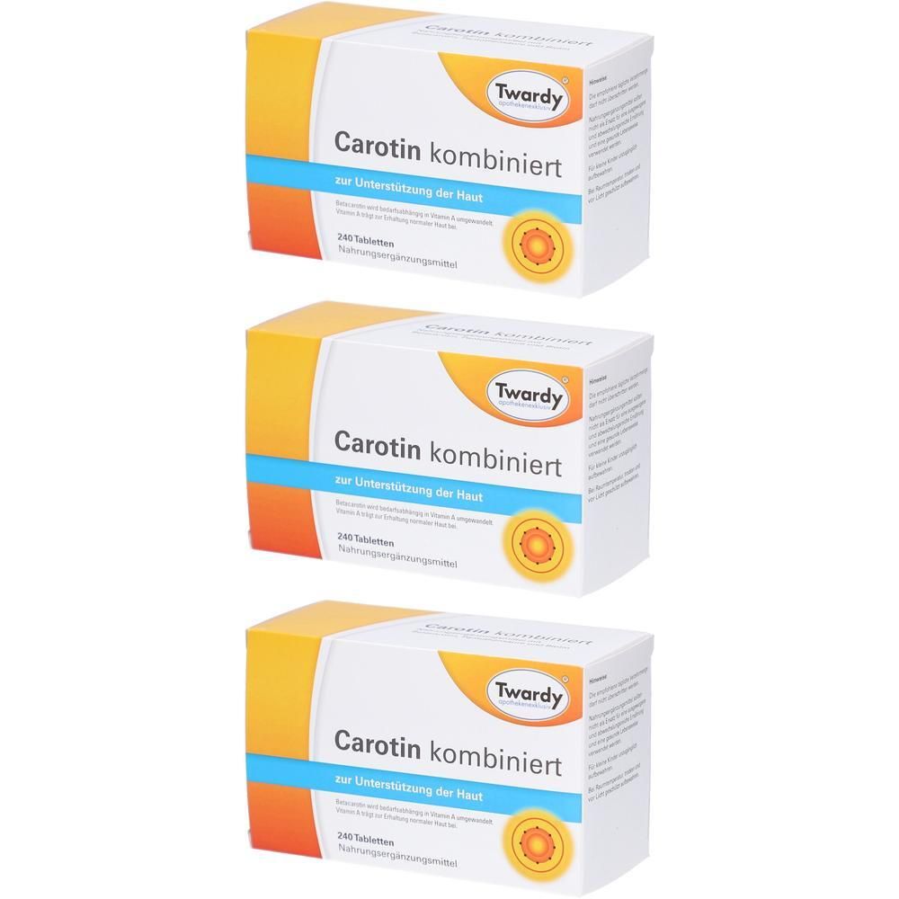 Drei Schachteln mit weißem Hintergrund, gelben und blauen Akzenten. Aufschrift: Carotin kombiniert, Twardy. 240 Tabletten.