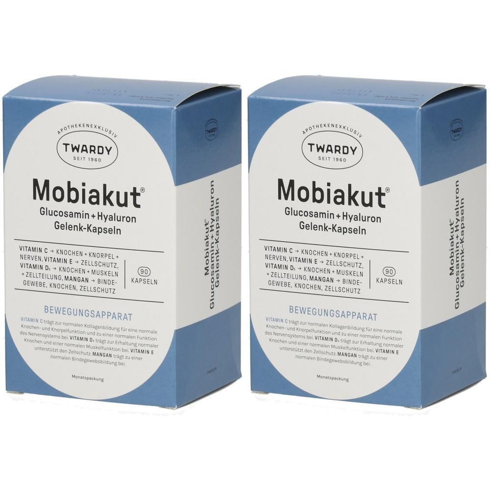 Zwei blaue Kartons mit der Aufschrift "Mobiakut Glucosamin + Hyaluron Gelenk-Kapseln". Enthält 60 Kapseln. Marke: Twardy.