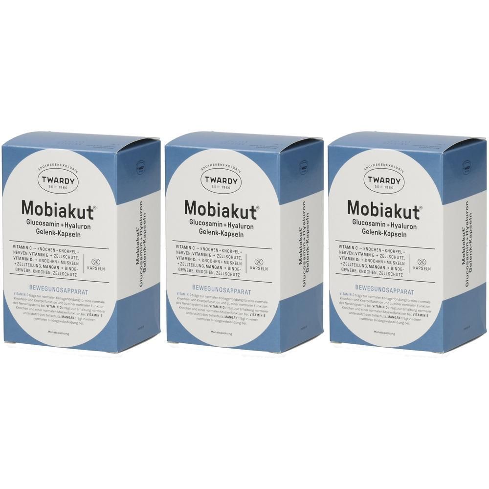 Drei blaue Kartons mit weißer Beschriftung. Aufschrift: Mobiakut Glucosamin + Hyaluron Gelenk-Kapseln. Marke: Twardy.