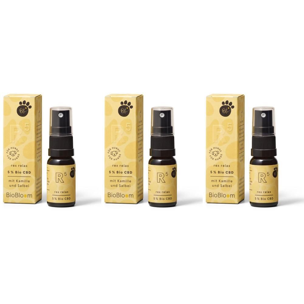 Drei Flaschen mit Sprühkopf und Kartons. Aufschrift: rex relax, 5% Bio CBD, mit Kamille und Salbei. Marke: BioBloom.