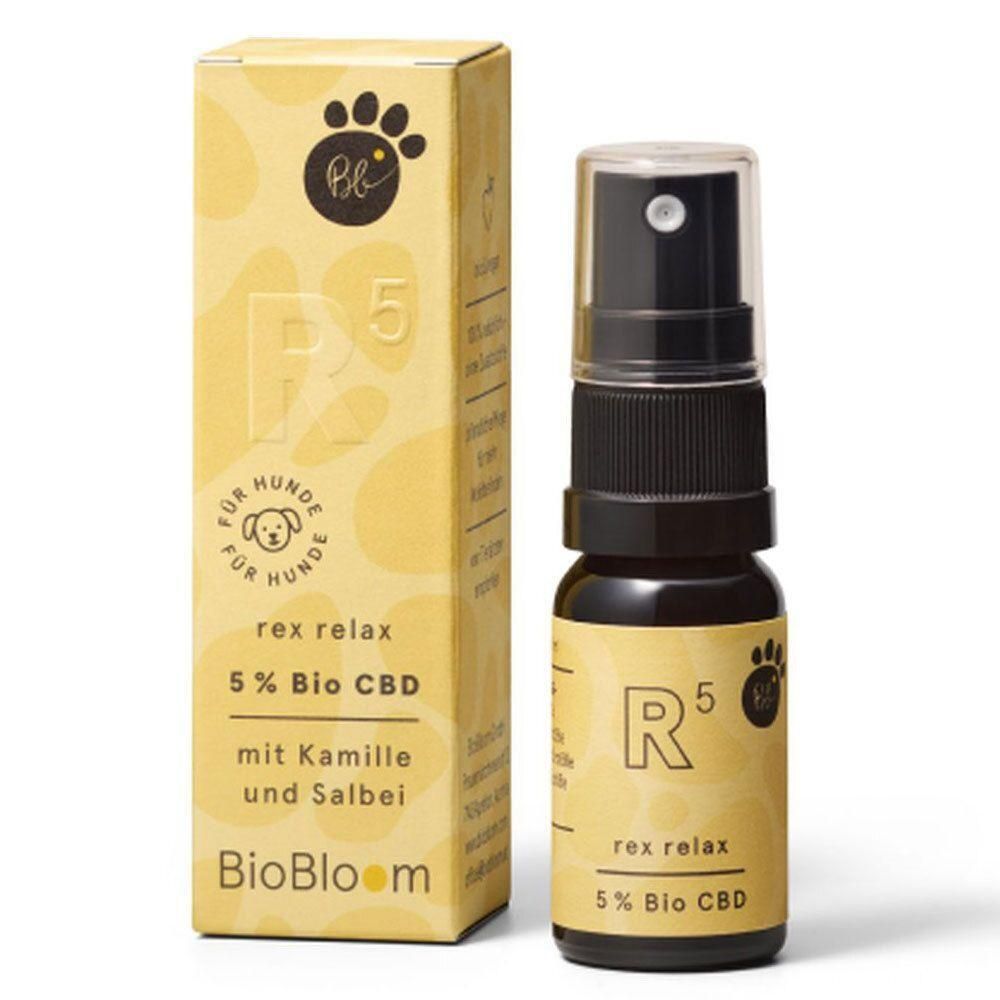 Braune Flasche mit Sprühkopf und gelber Verpackung. Aufschrift: rex relax, 5% Bio CBD. Marke: BioBloom.