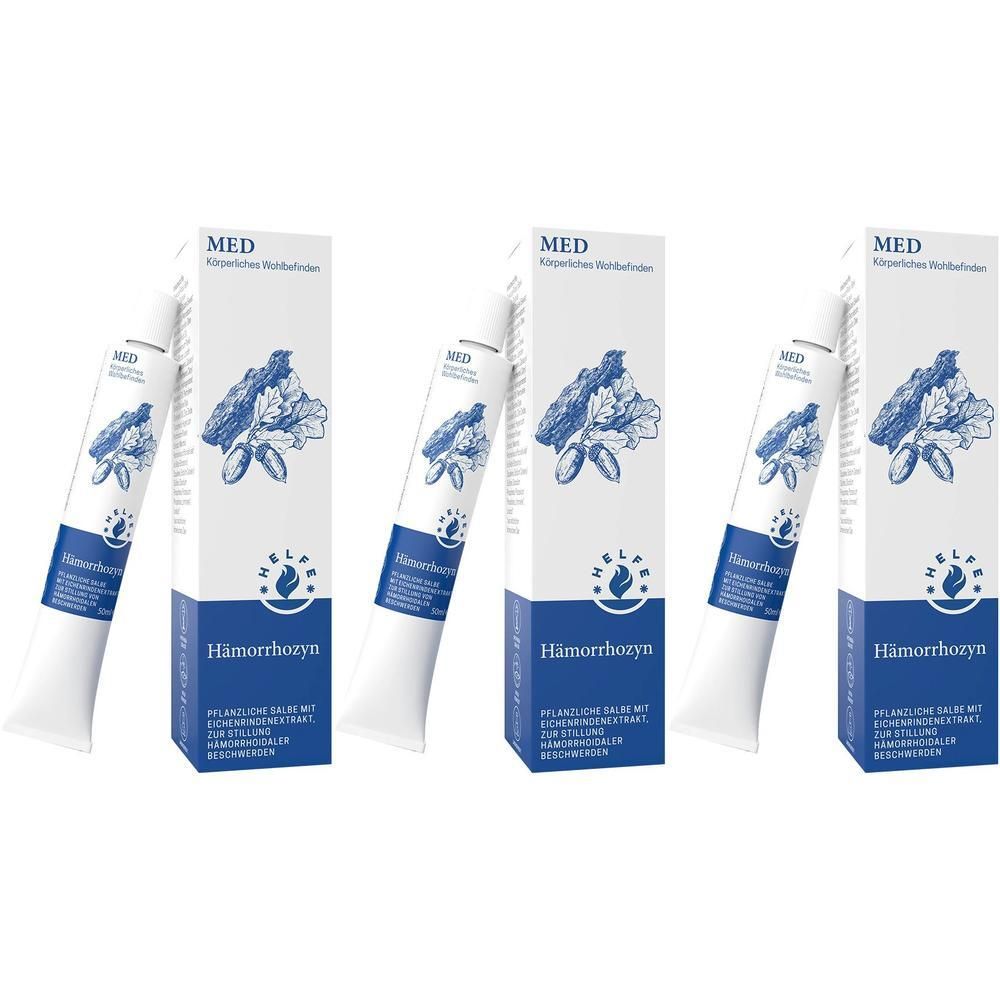 Drei Tuben und Schachteln Hämorrhozyn mit Eichenrindenextrakt. Weiße Verpackung mit blauer Schrift und Eichenmotiv.