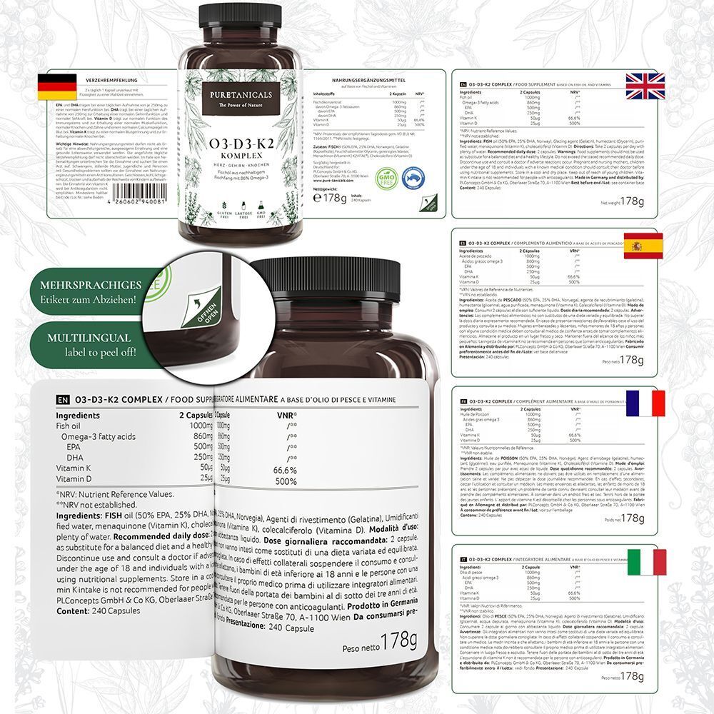 Braune Flasche mit Etikett. Mehrsprachige Informationen auf dem Etikett. Aufschrift: O3-D3-K2 KOMPLEX. Mehrere Etiketten mit Informationen.