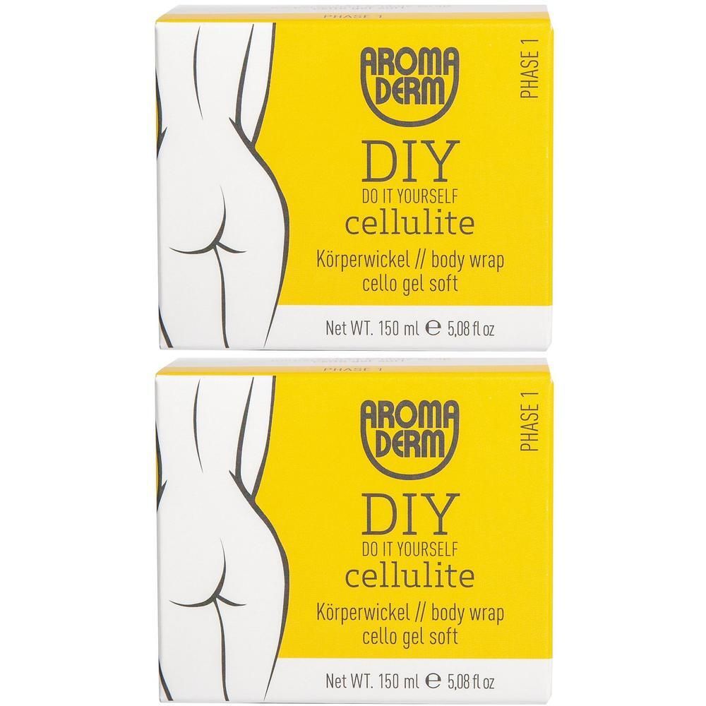 Zwei gelbe Kartons mit weißer Umrisszeichnung. Aufschrift: AROMADERM DIY Cellulite, Körperwickel, Cello Gel Soft.