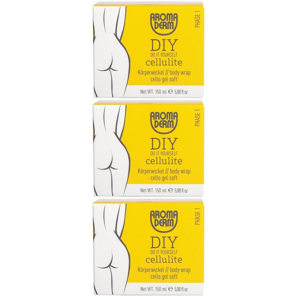 Drei gelbe Kartons mit weißer Umrisszeichnung eines Gesäßes. Aufdruck: AROMA DERM, DIY cellulite, Phase 1.