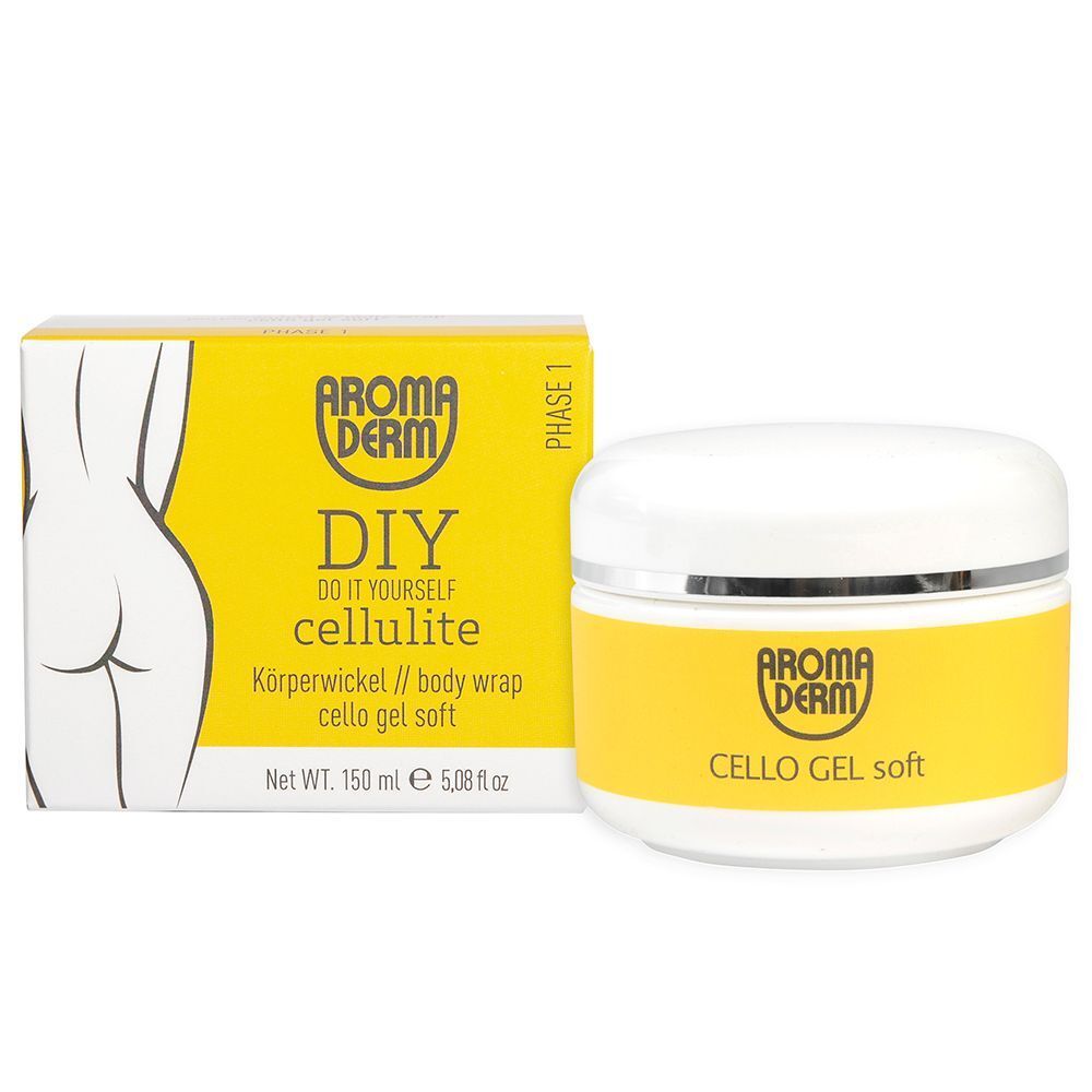 Gelbe Dose und Karton mit weißer Umrisszeichnung eines Gesäßes. Aufdruck: AROMA DERM, DIY cellulite, Cello Gel soft.