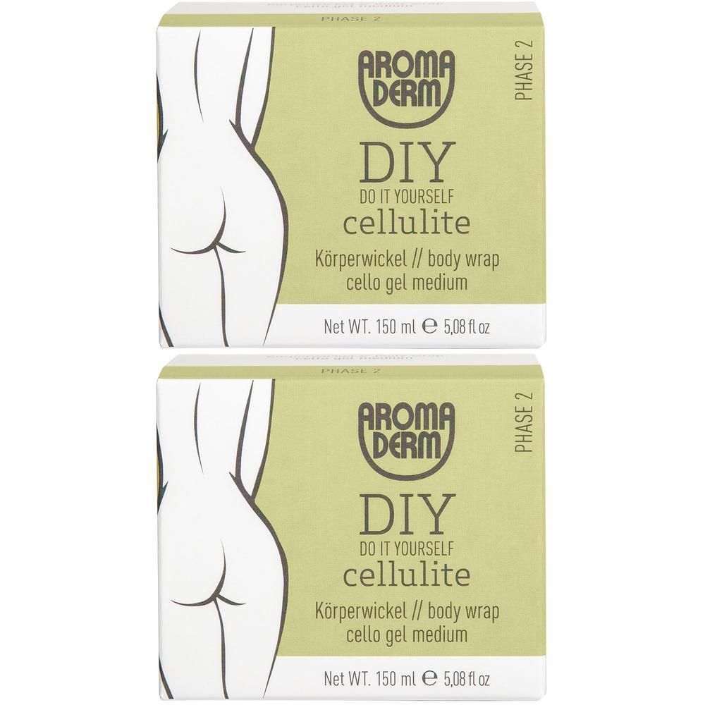 Zwei quadratische Kartons. Aufdruck: AROMADERM DIY Cellulite, Körperwickel, Cello Gel Medium. Phase 2. Netto 150 ml.