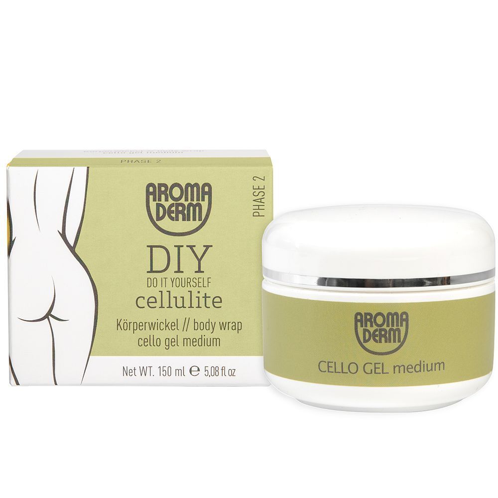 Eine Dose und eine quadratische Schachtel. Aufdruck: AROMADERM Cello Gel Medium. Schachtel: AROMADERM DIY Cellulite, Körperwickel, Phase 2.