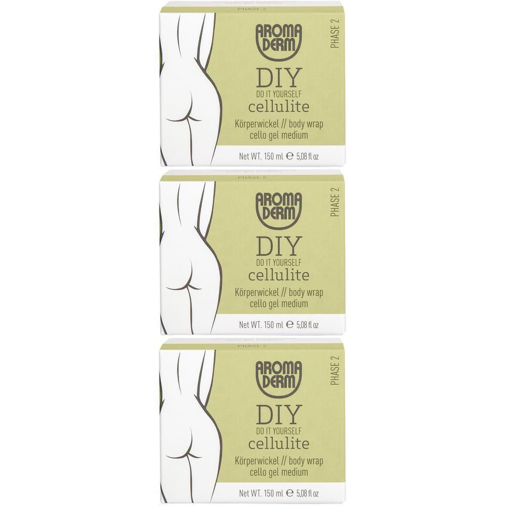 Drei Packungen AROMADERM DIY Cellulite Cello Gel Medium Phase 2, mit Abbildung einer weiblichen Hüfte.