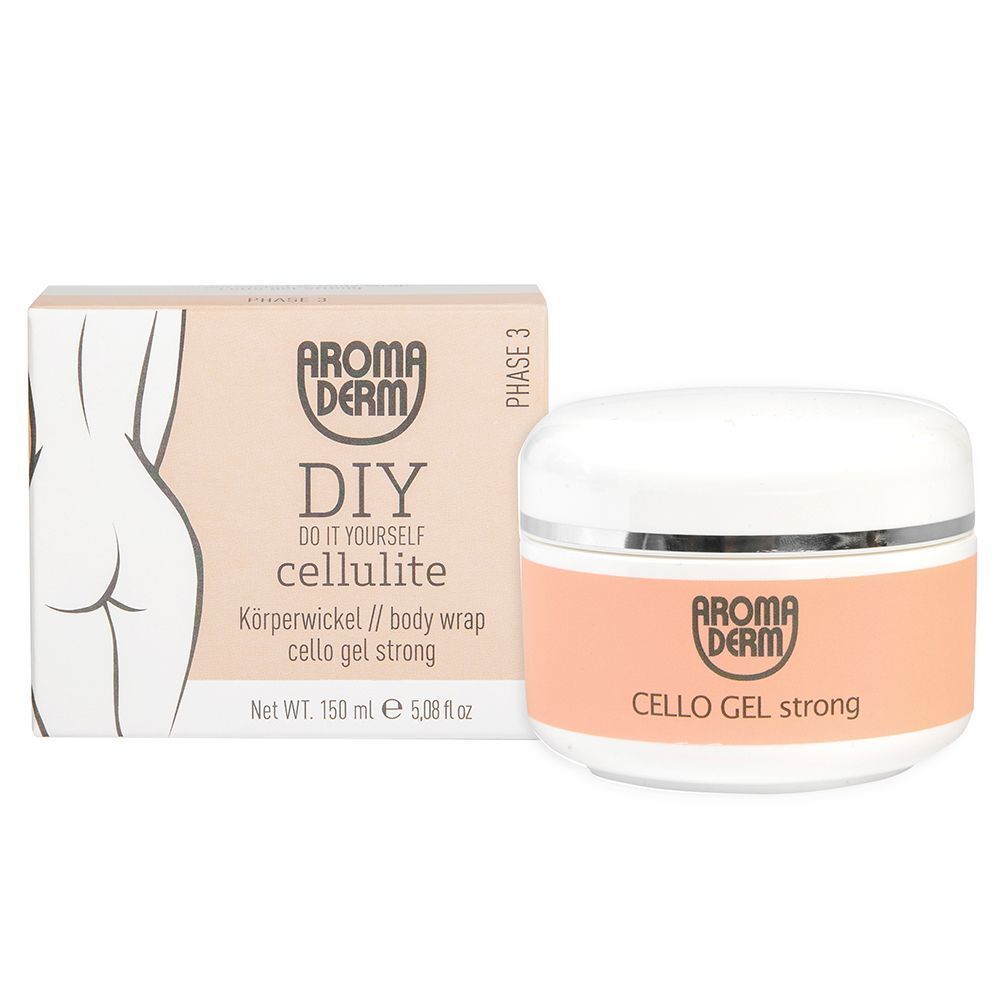 AROMADERM DIY Cellulite Cello Gel Strong in einem Behälter neben der Verpackung.