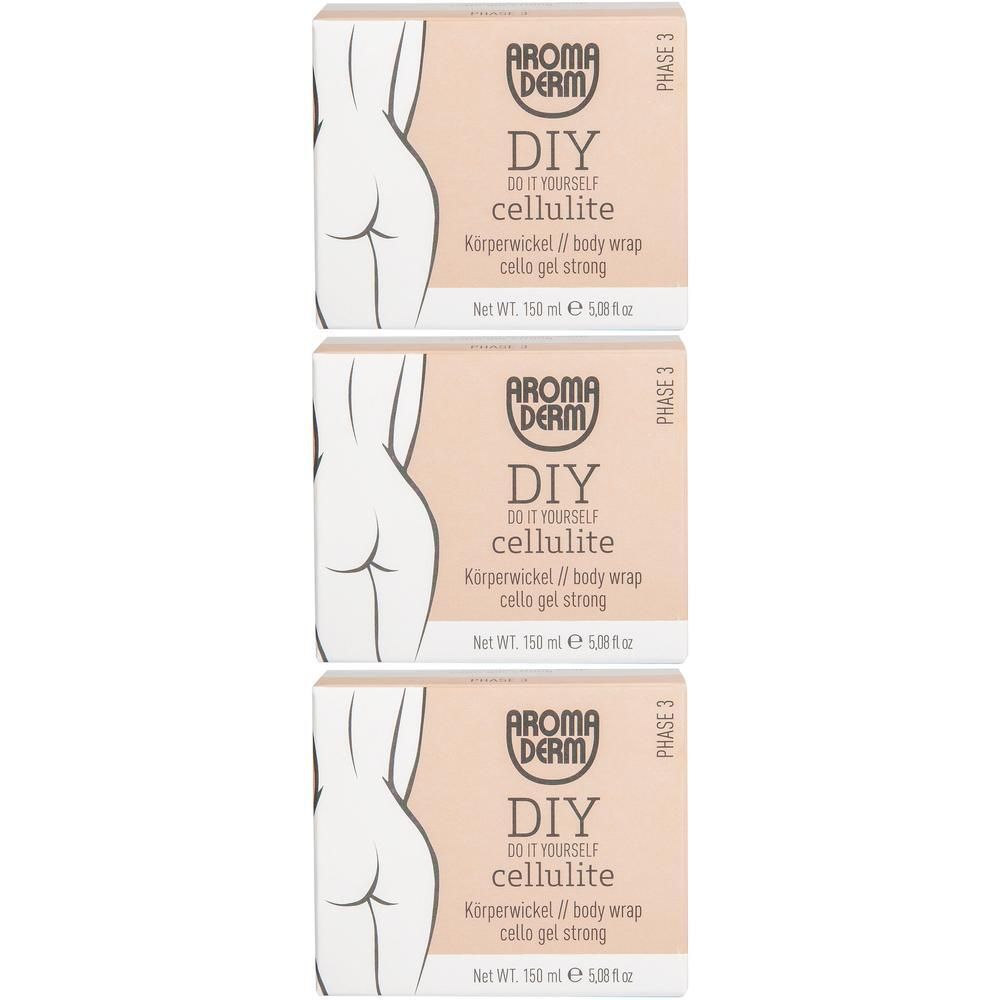 Drei Kartons mit Produktaufdruck. Aufdruck: DIY Cellulite, Körperwickel, Cello Gel Strong. Marke: Aromaderm. Phase 3.