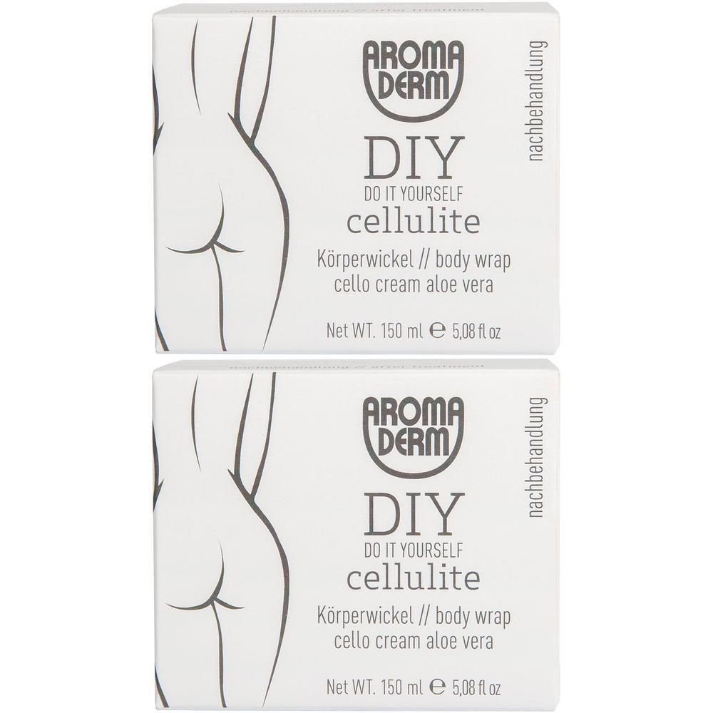 Zwei weiße Kartons mit Produktaufdruck. Aufschrift: AROMADERM, DIY Cellulite, Körperwickel, Cello Cream, Aloe Vera.