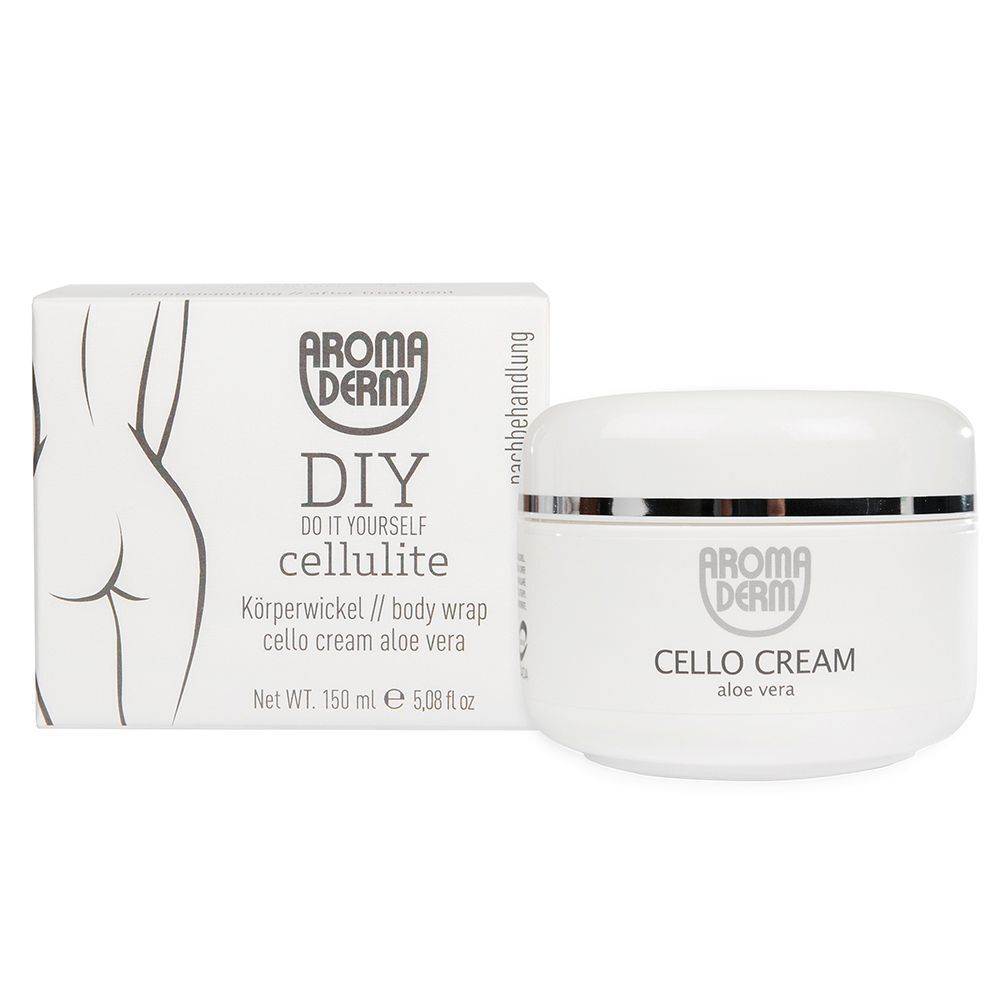 Weiße Creme-Dose neben weißem Karton. Aufschrift: AROMADERM, DIY Cellulite, Körperwickel, Cello Cream, Aloe Vera. Dose: Cello Cream.
