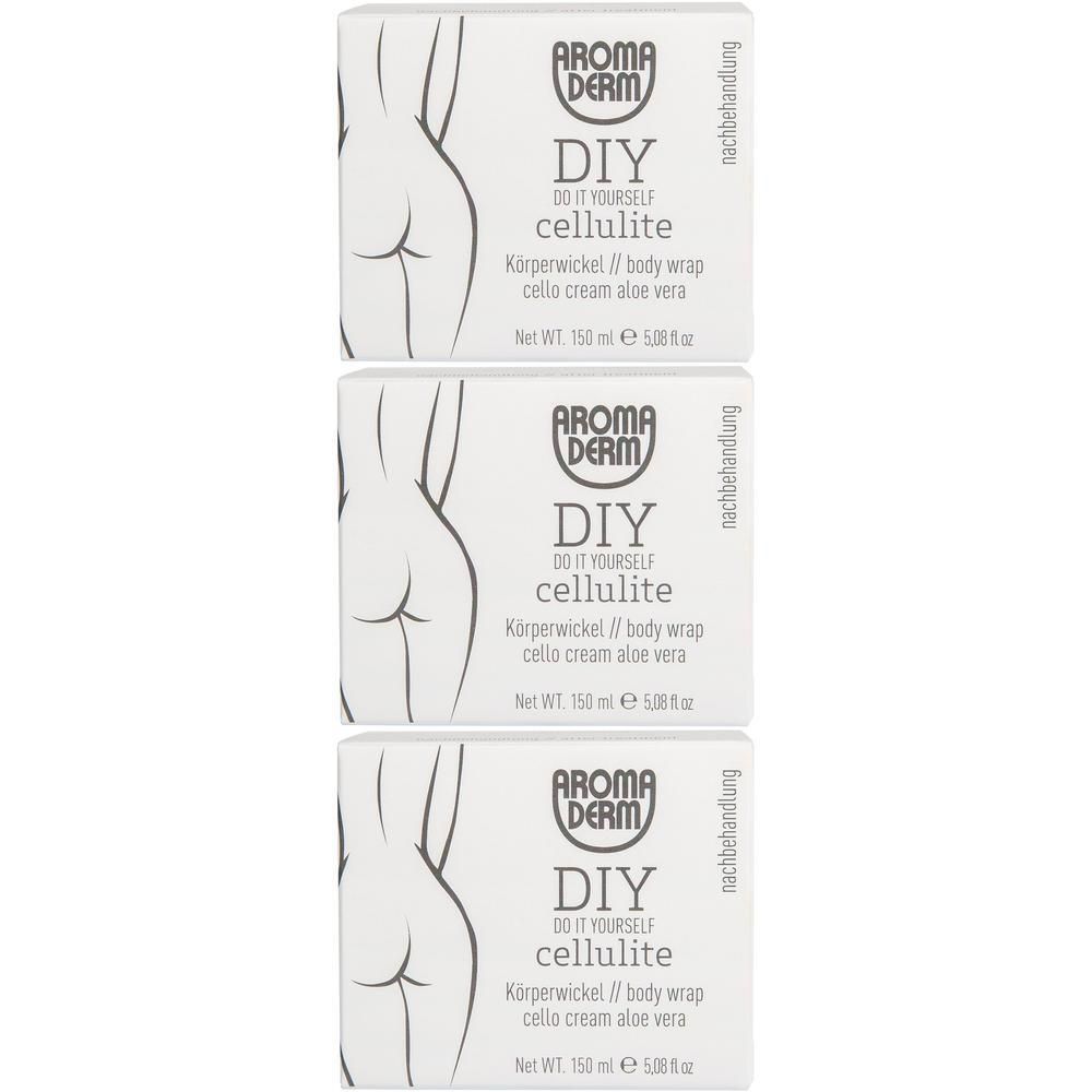 Drei weiße Kartons mit Produktaufdruck. Aufdruck: AROMADERM, DIY Cellulite, Körperwickel, Cello Cream Aloe Vera. Grafik einer Frau.