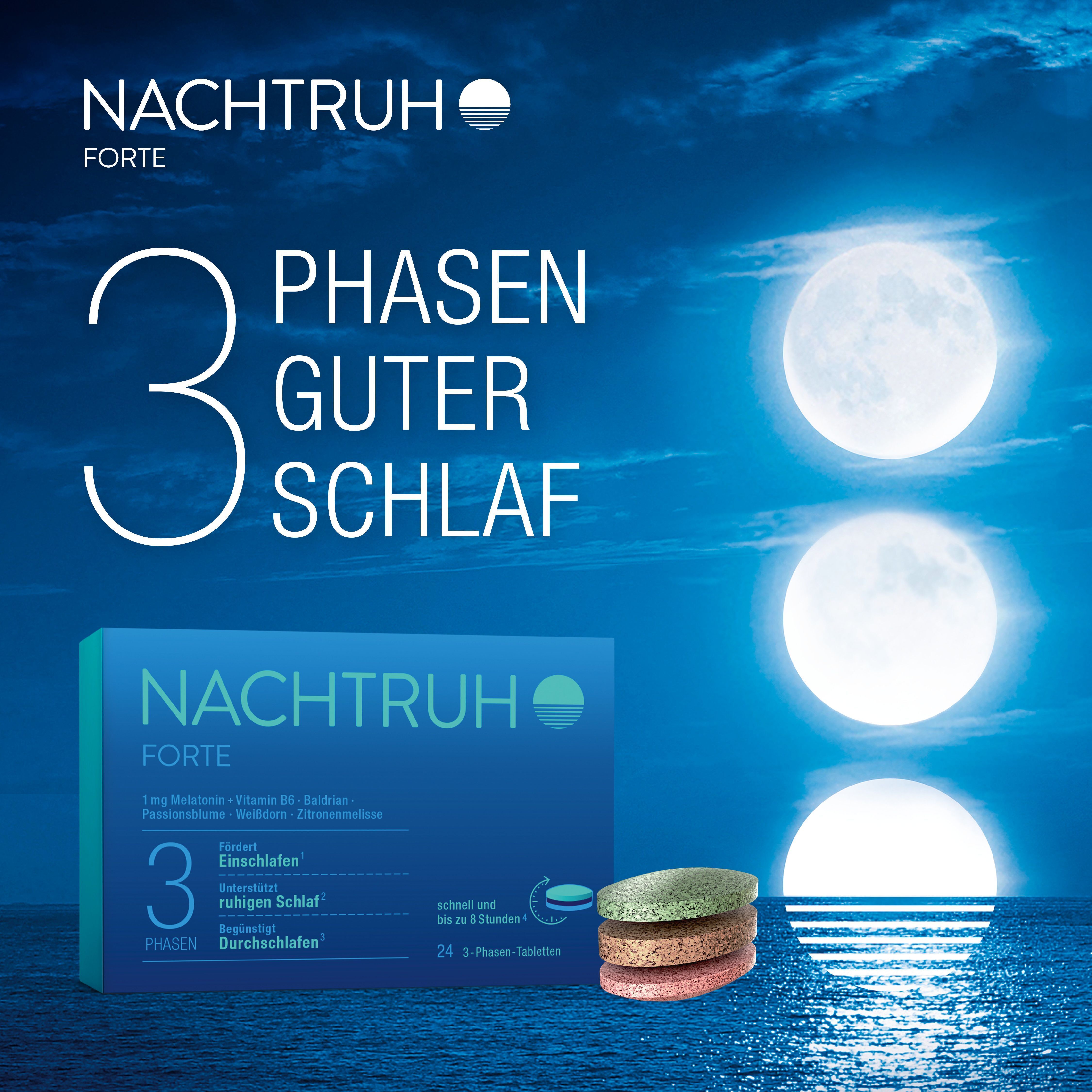 NACHTRUH FORTE 3-Phasen-Tabletten mit drei Pillen in verschiedenen Farben.