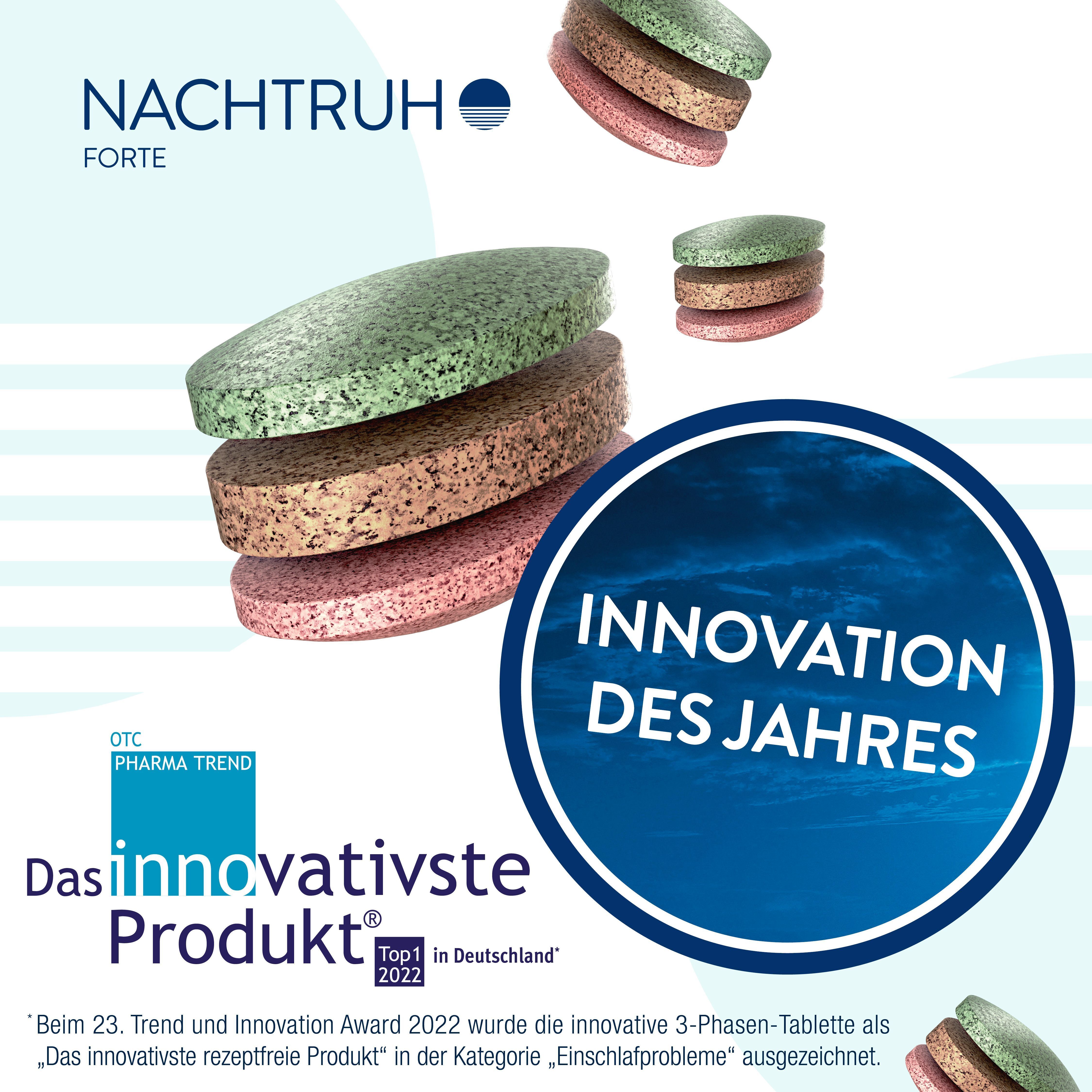 Gestapelte NACHTRUH FORTE 3-Phasen-Tabletten und Auszeichnung 'Innovation des Jahres'.