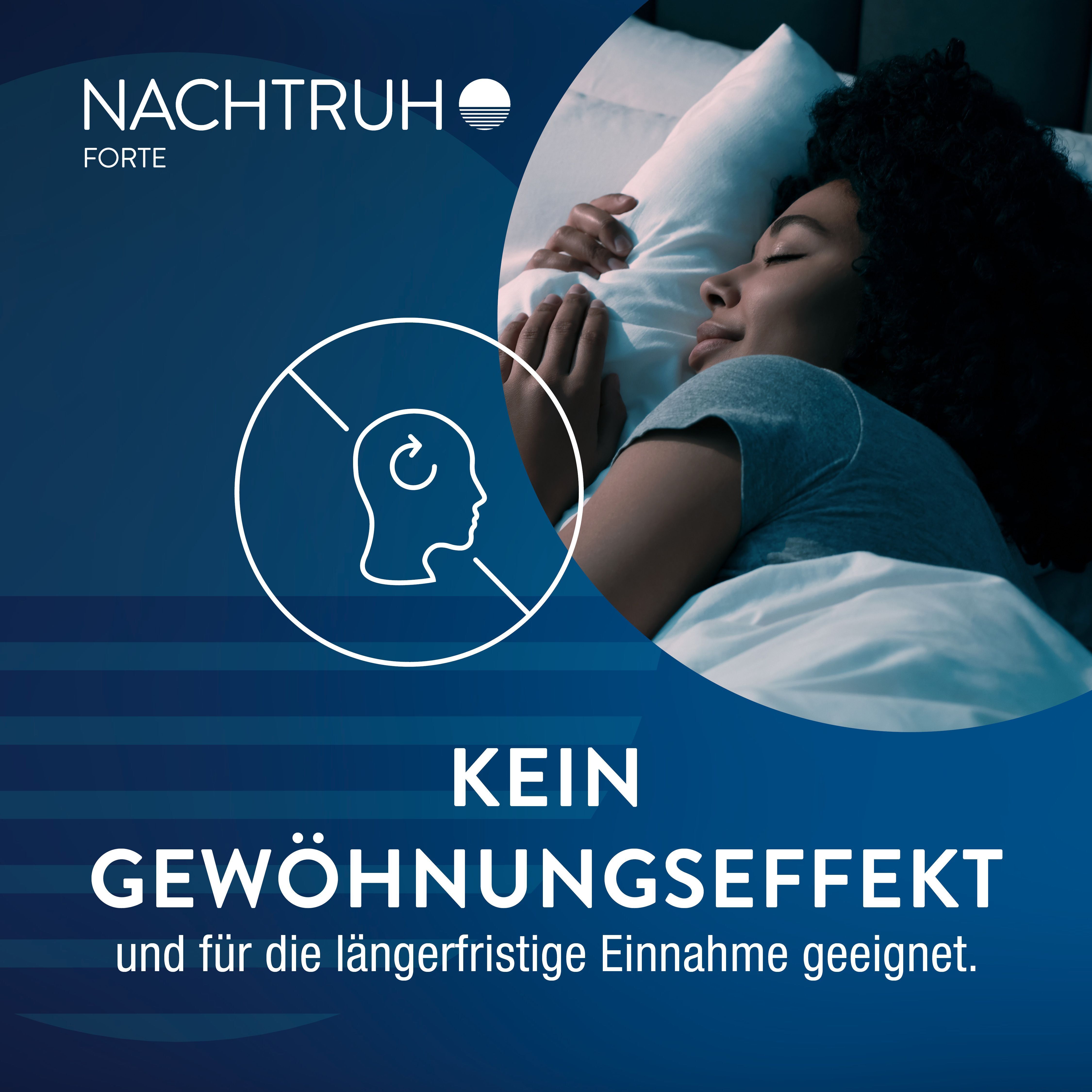 Frau schläft friedlich, Symbol für 'Kein Gewöhnungseffekt' für NACHTRUH FORTE.