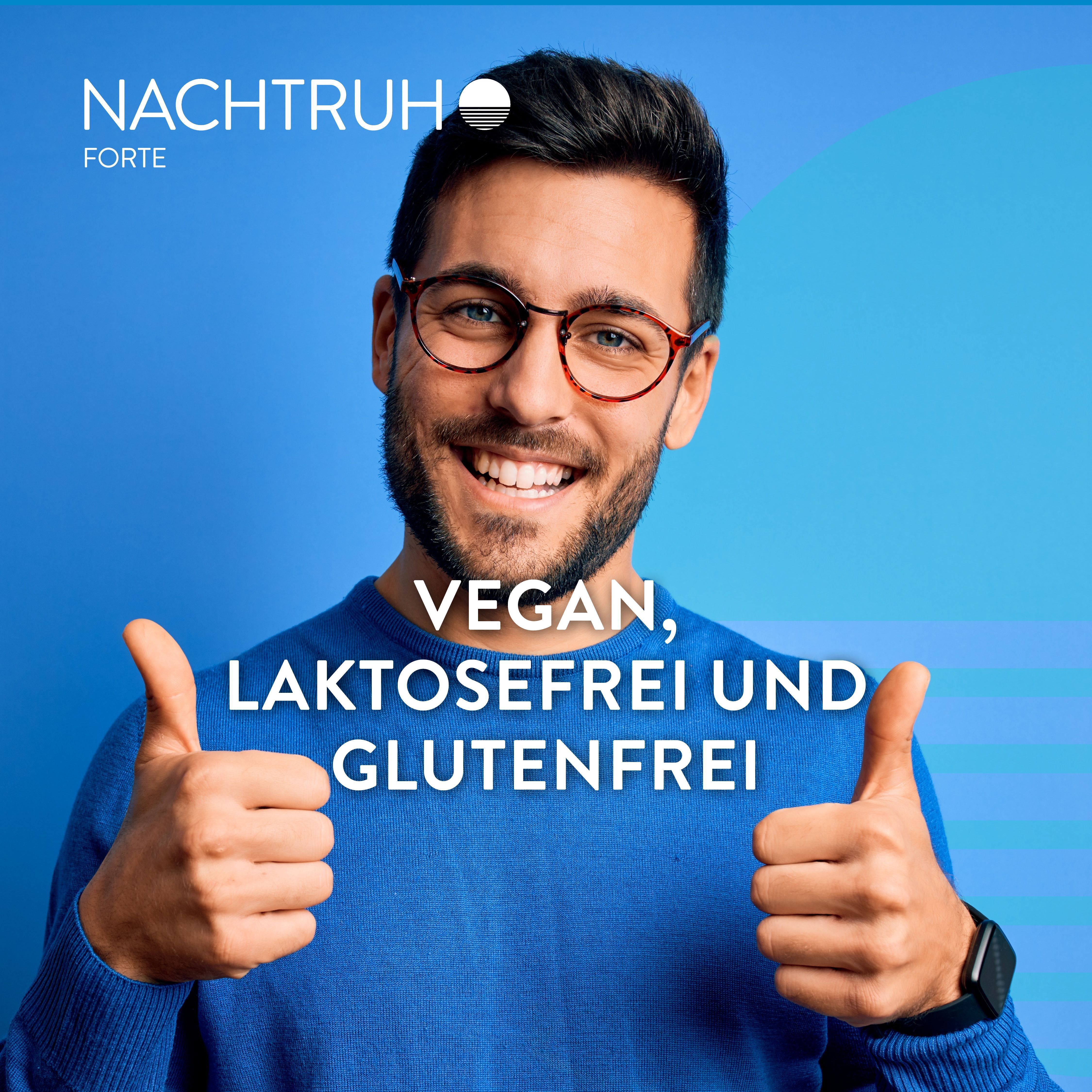 Mann mit Daumen hoch, NACHTRUH FORTE ist vegan, laktosefrei und glutenfrei.