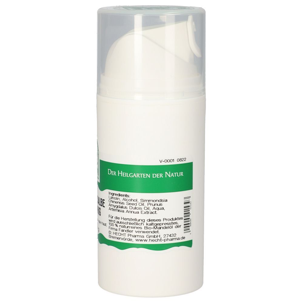 Rückseite der weißen Tube mit Pumpspender. Grüne Banderole mit Inhaltsstoffen und Herstellerangaben.