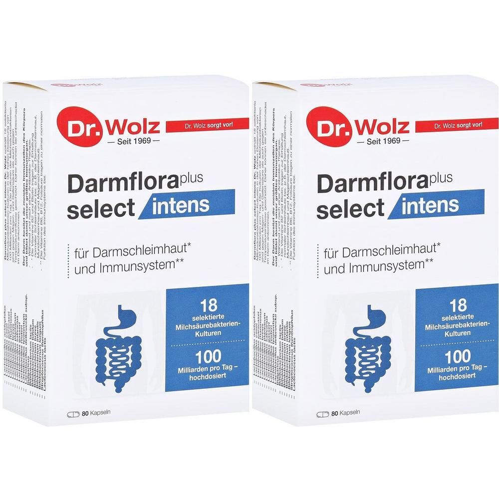 Zwei Kartons Darmflora plus select intens. Blaue und weiße Verpackung mit Produktinformationen und Logo.
