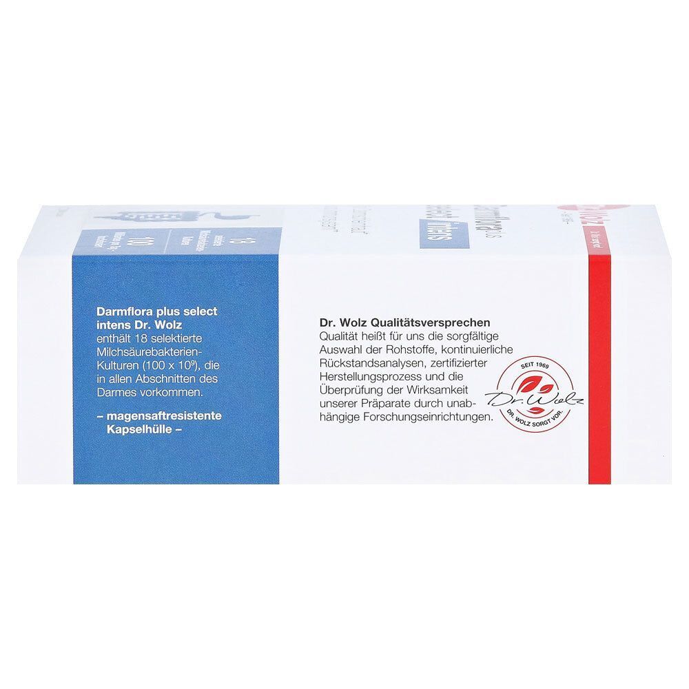 Seite der Darmflora plus select intens Verpackung. Informationen zu Qualität und Inhaltsstoffen.