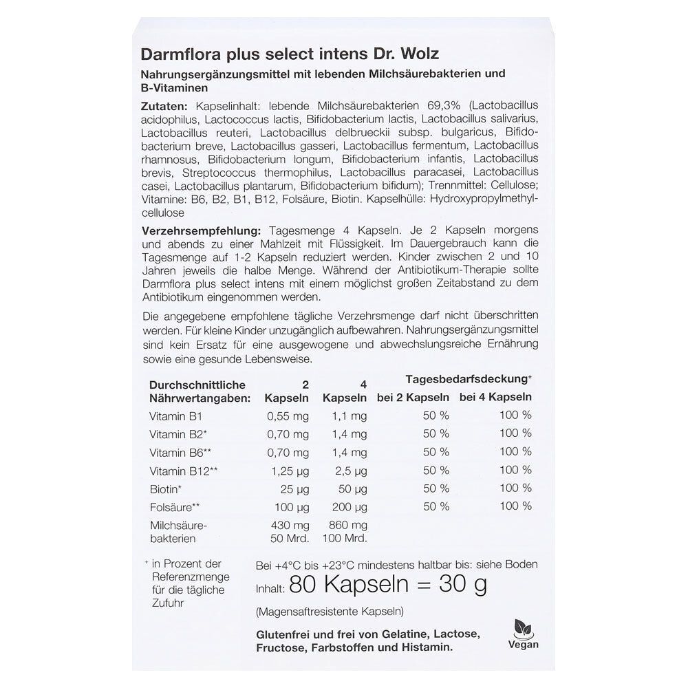 Darmflora plus select intens Verpackung mit Nährwertangaben und Verzehrempfehlung.