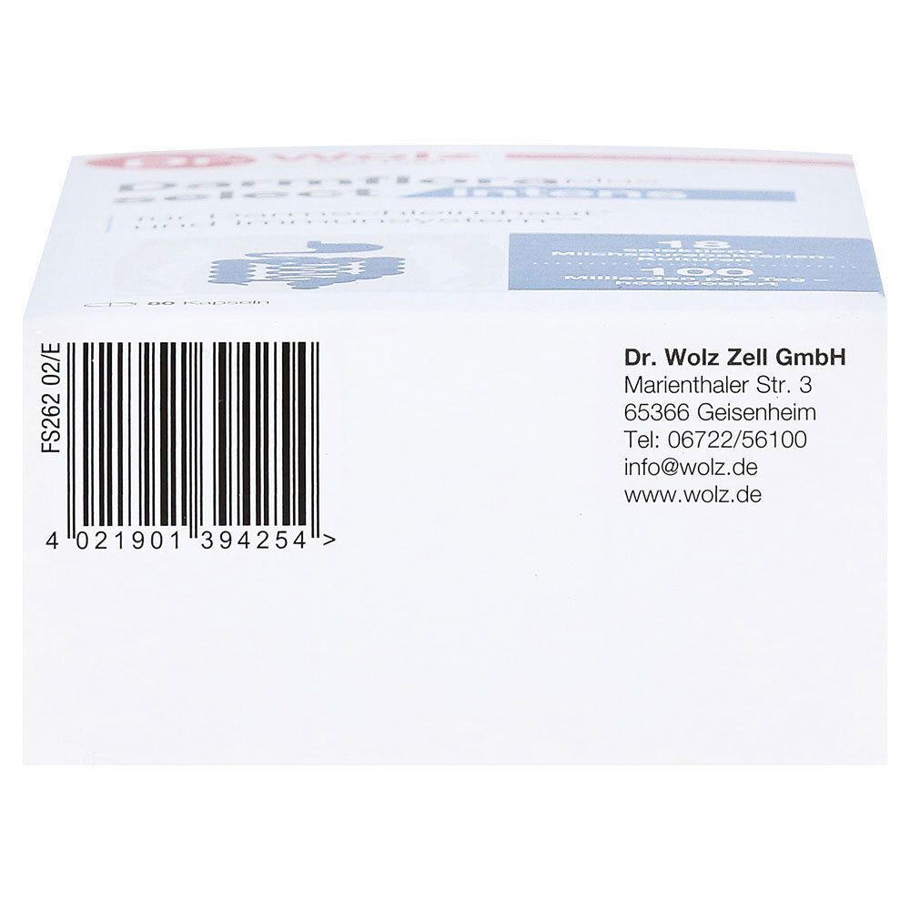 Oberseite der Darmflora plus select intens Verpackung mit Barcode und Herstellerinformationen.