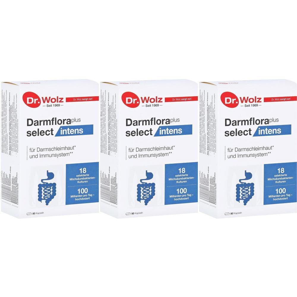 Drei Kartons Darmflora plus select intens. Aufdruck: Dr. Wolz, 18 Bakterienstämme, 100 Milliarden, für Darmschleimhaut und Immunsystem.