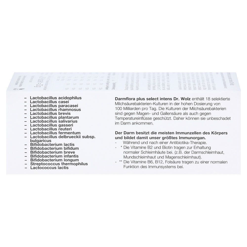Rückseite der Darmflora plus select intens Verpackung. Auflistung von Bakterienstämmen und Informationen zur Anwendung und Wirkung.