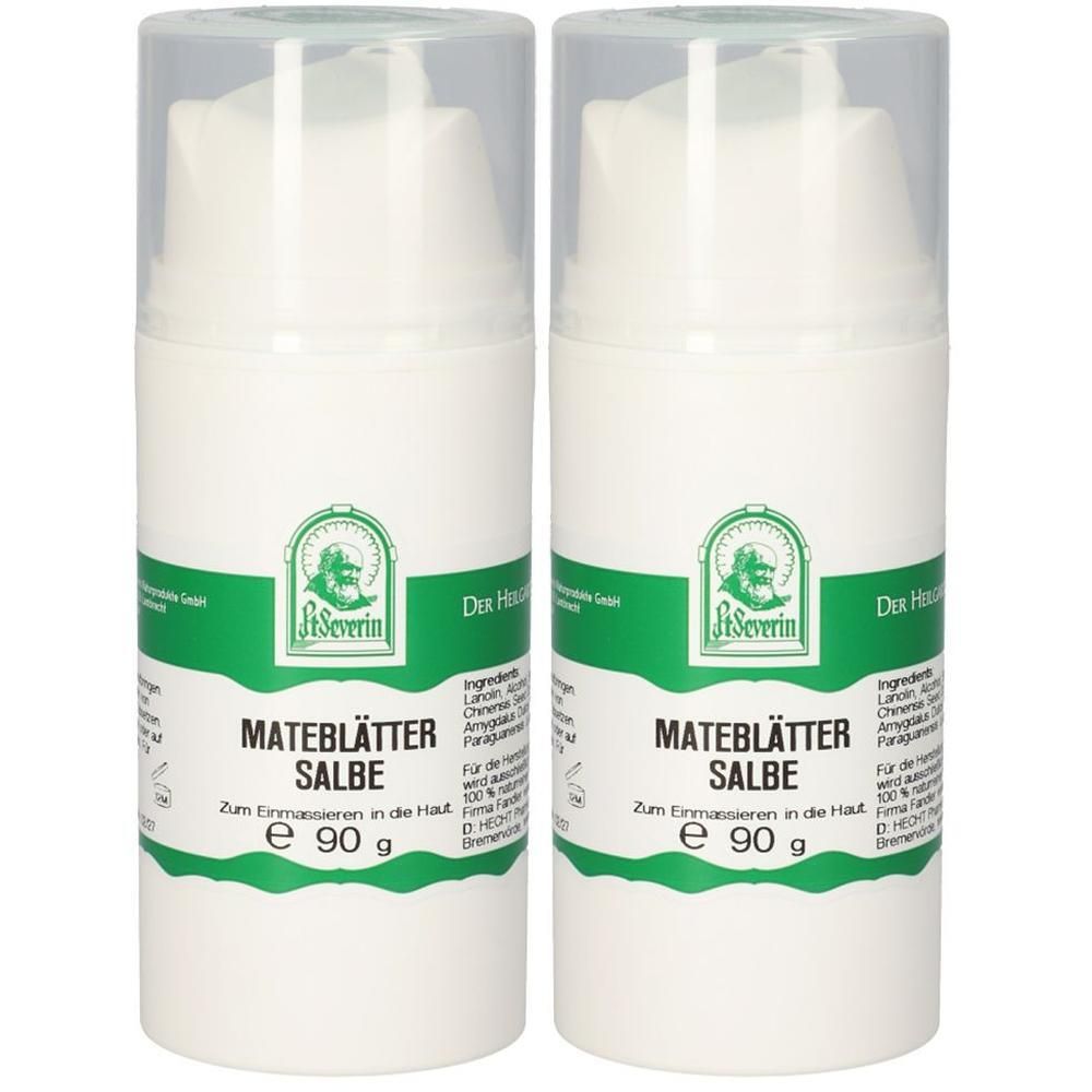 Zwei weiße Pumpspender mit je 90g Mateblätter Salbe. Grüne Etiketten mit Produktinformationen und Logo.