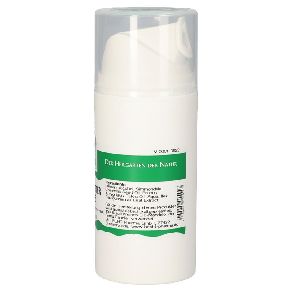 Weiße Spenderflasche mit durchsichtiger Kappe, 90g Mateblätter Salbe. Enthält Inhaltsstoffe und Anwendungshinweise.
