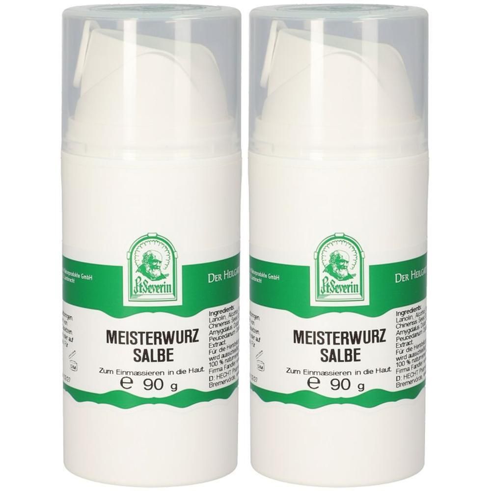 Zwei weiße Pumpspender mit durchsichtiger Kappe, jeweils 90g Meisterwurz Salbe.