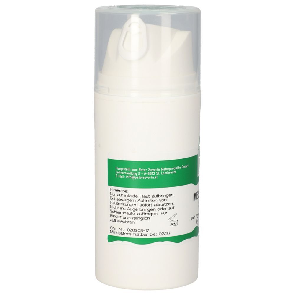 Rückseite eines weißen Pumpspenders mit durchsichtiger Kappe, 90g Meisterwurz Salbe. Hinweise zur Anwendung.