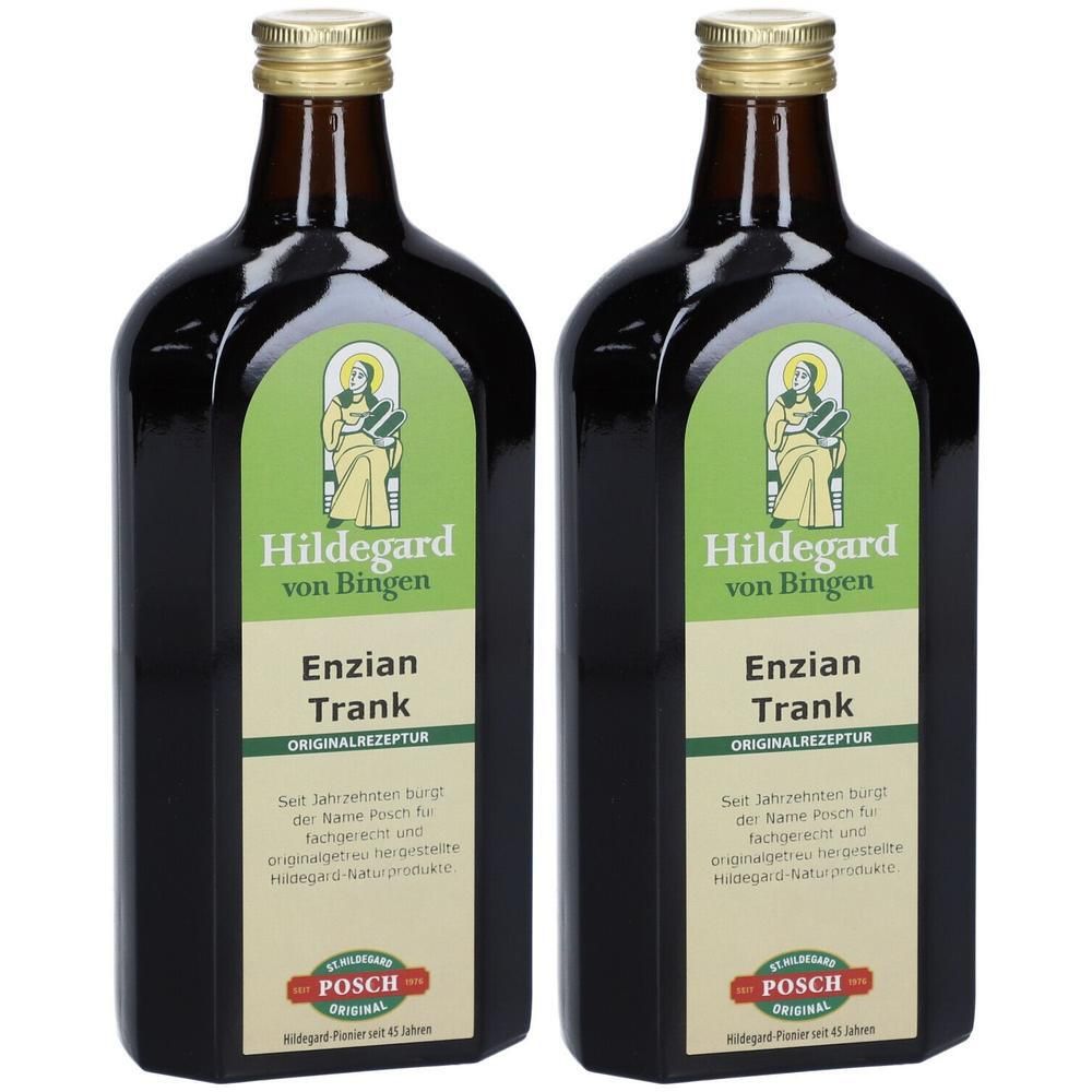Zwei braune Glasflaschen mit goldfarbenen Verschlüssen. Etiketten mit Text: Hildegard von Bingen, Enzian Trank, Originalrezeptur. POSCH-Logo.
