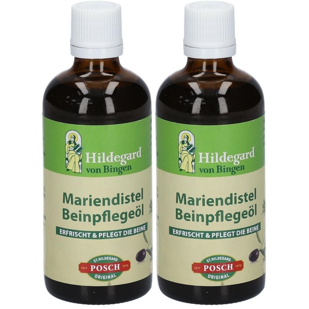 Zwei braune Flaschen mit weißem Verschluss. Auf den Etiketten steht "Mariendistel Beinpflegeöl" und "Hildegard von Bingen".