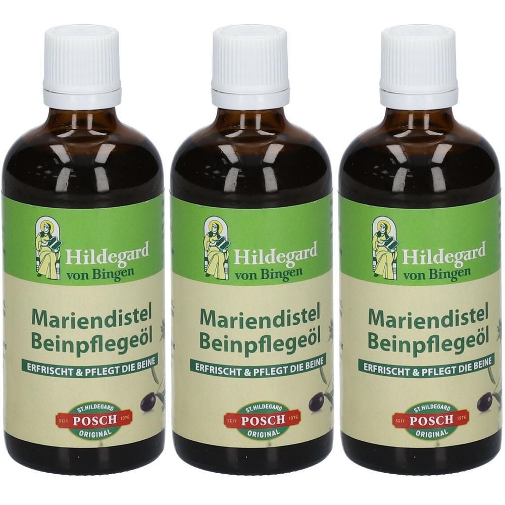Drei braune Flaschen mit weißem Verschluss. Auf den Etiketten steht "Mariendistel Beinpflegeöl" und "Hildegard von Bingen".