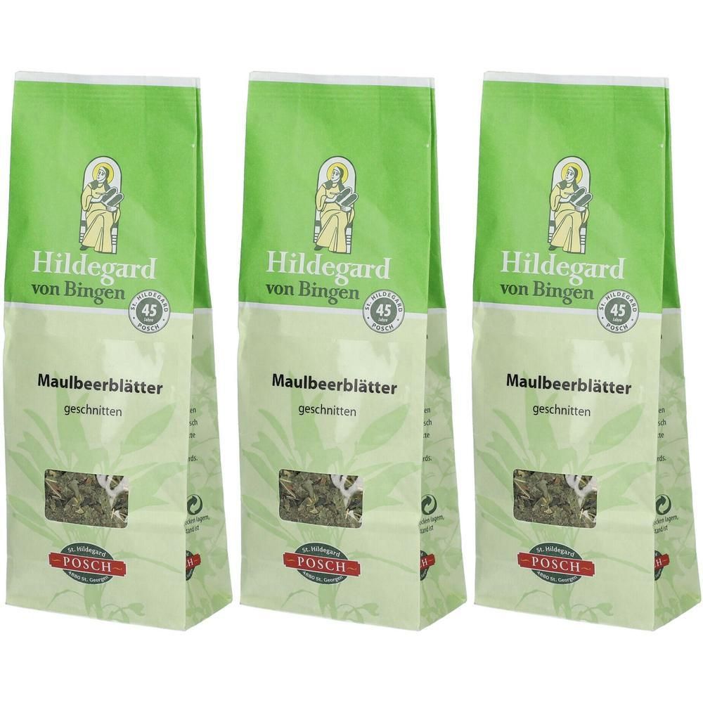 Drei Beutel mit „Maulbeerblätter geschnitten“ von Hildegard von Bingen. Grün-weiße Verpackung mit Logo und Produktbezeichnung.