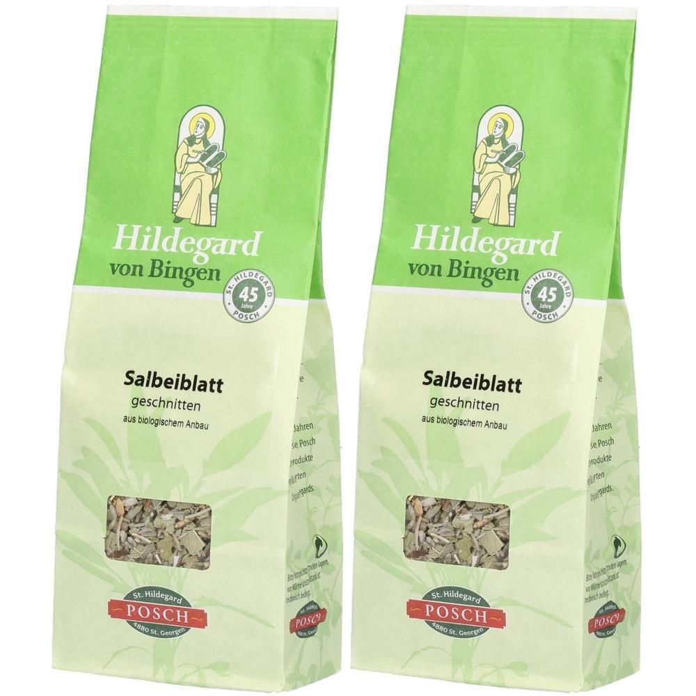 Zwei grüne Beutel mit Salbeiblatt-Schnitt. Aufschrift: Hildegard von Bingen, Salbeiblatt geschnitten, POSCH-Logo. 45-Qualitätszeichen.