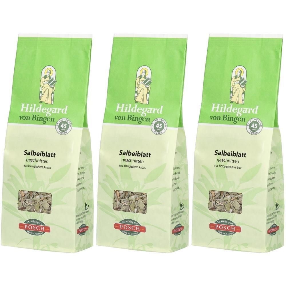 Drei Beutel Salbeiblatt geschnitten. Aufschrift: Hildegard von Bingen, POSCH. Grün-weiße Verpackung mit Kräutern.